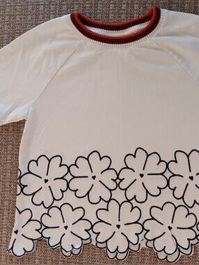 Anthropologie White Tee with Burgundy and Rust Ribbed Neckline
